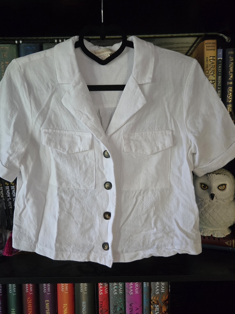 Cropped White Button-Front Linen Blend Crop Top